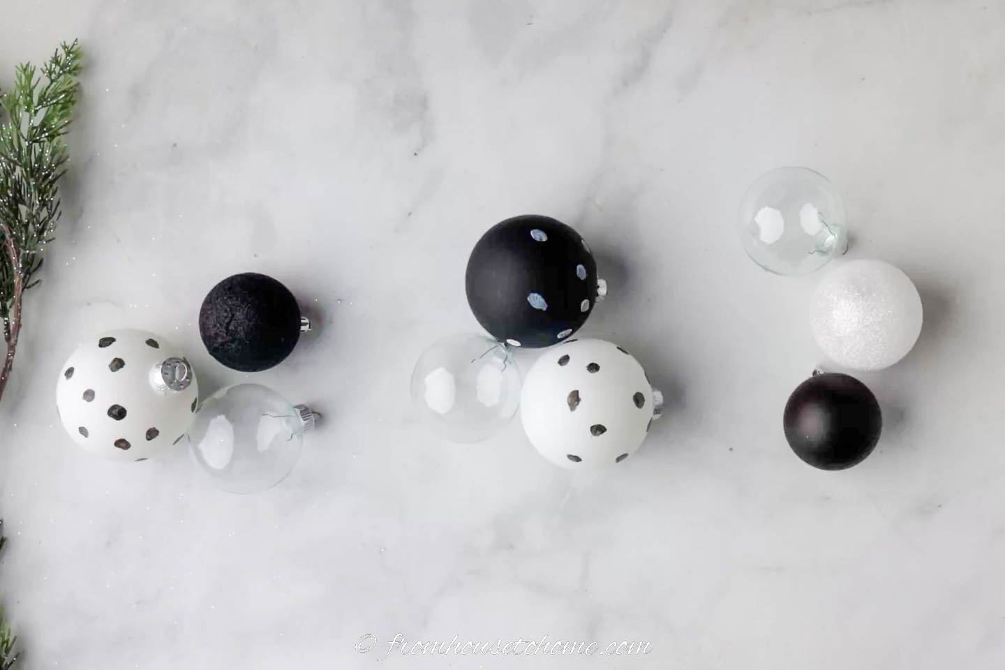 black and white ornaments arranged on a table top