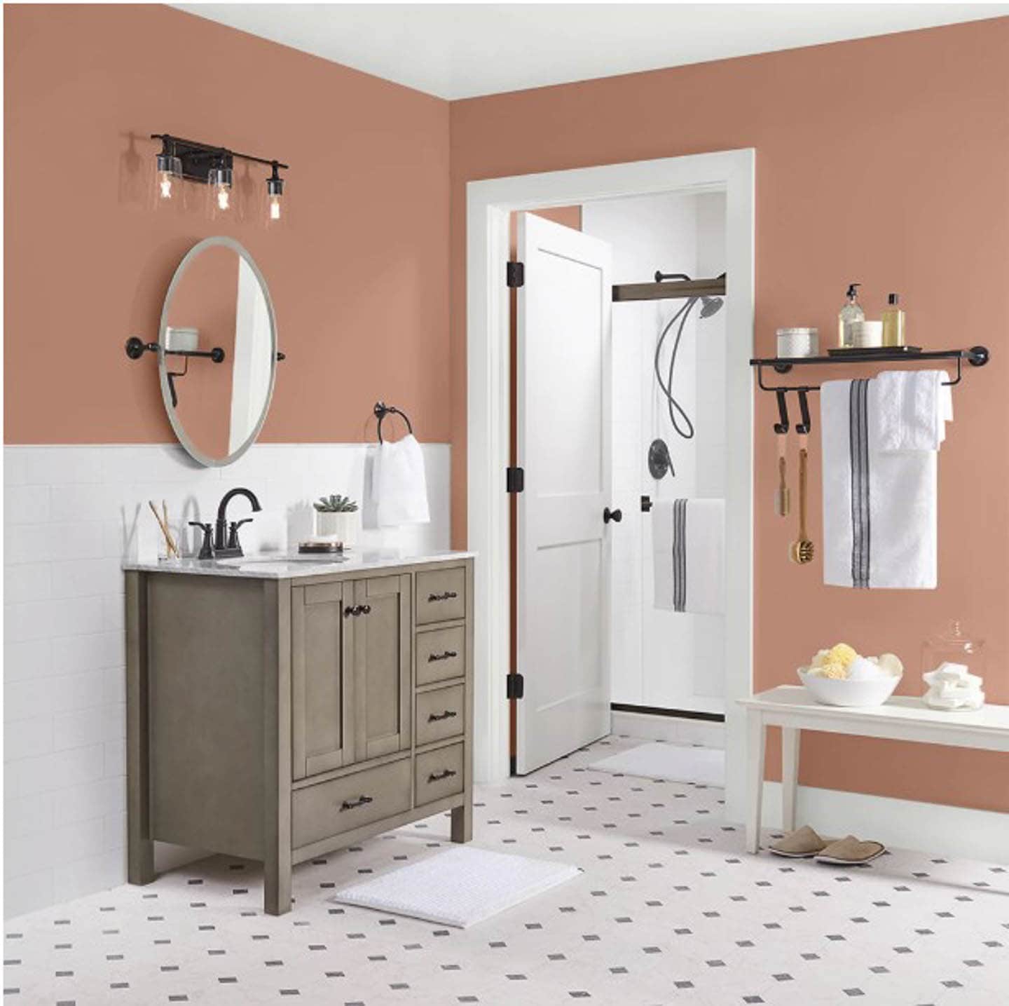 Bathroom painted in Better Homes and Gardens 2023 paint color of the year - Canyon Ridge
