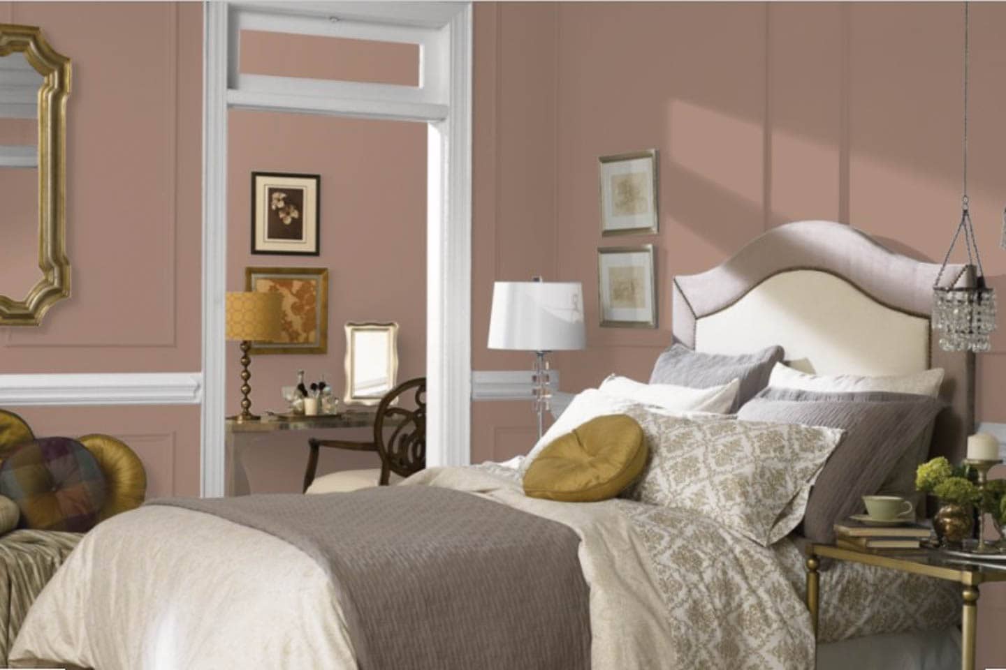 A bedroom painted in Sherwin Williams 2023 color of the year - Redend Point