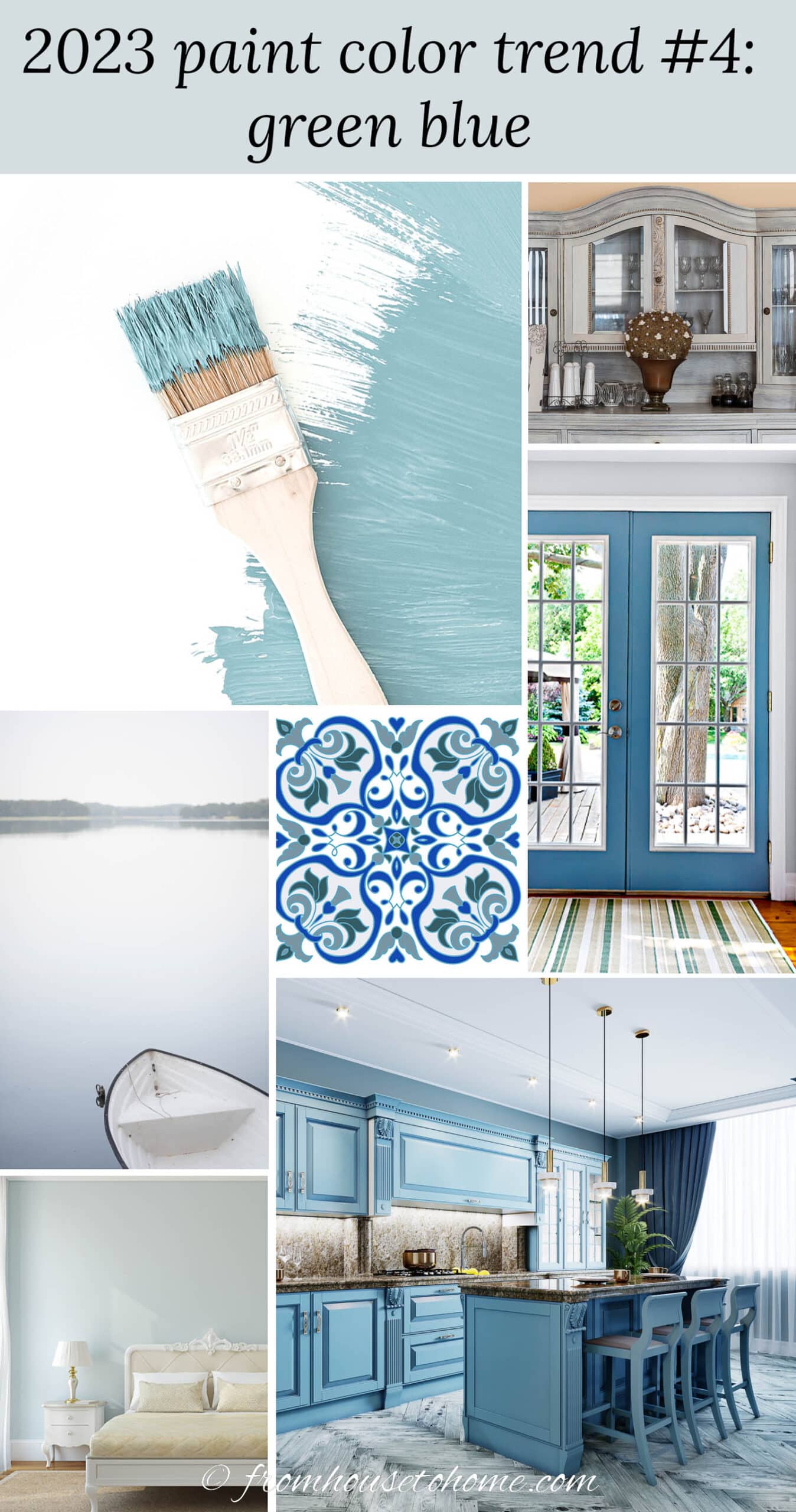 A collage of images using the 2023 paint color trend - blue green