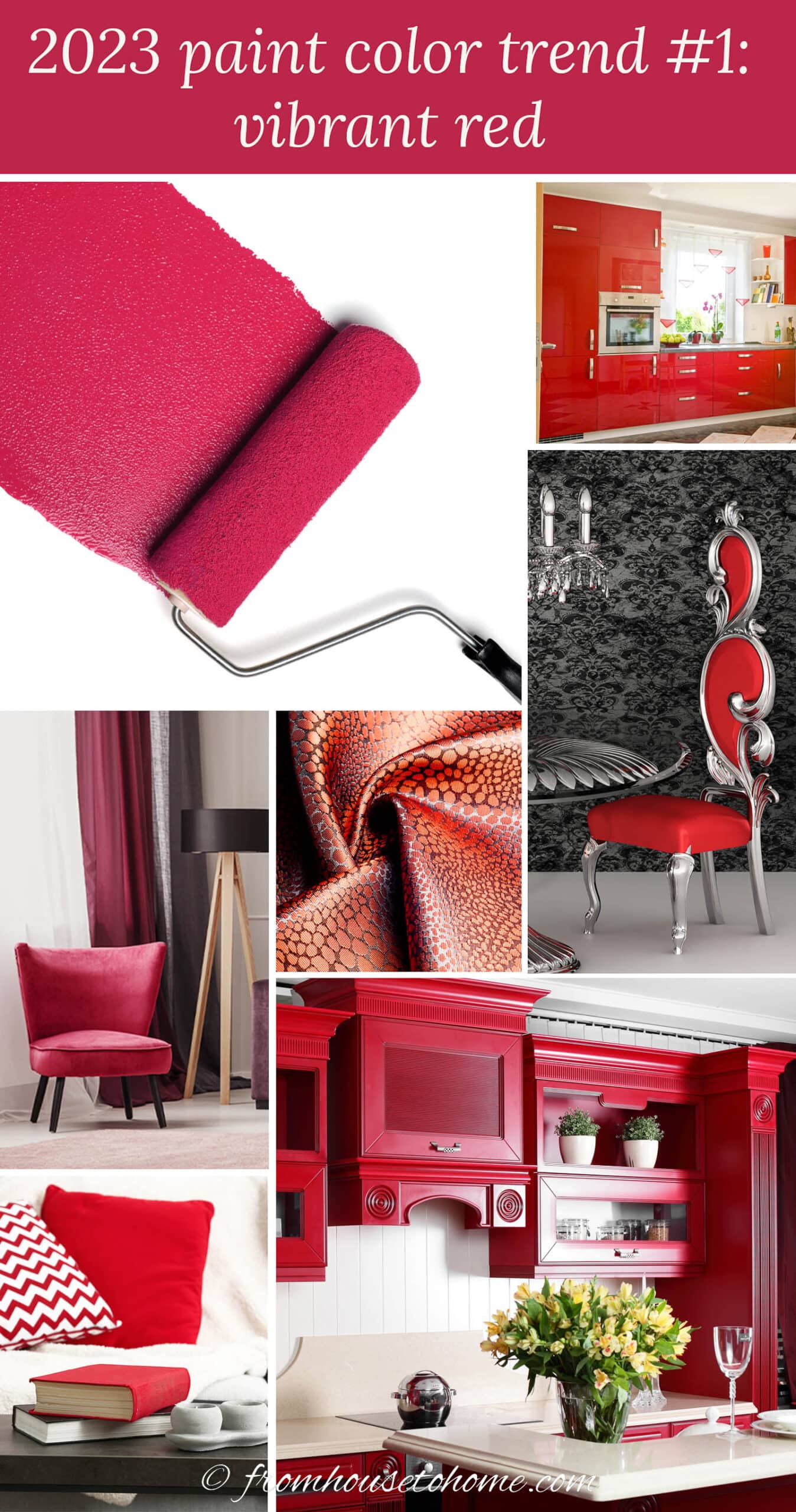 A collage of interior images using vibrant red paint and furnishings