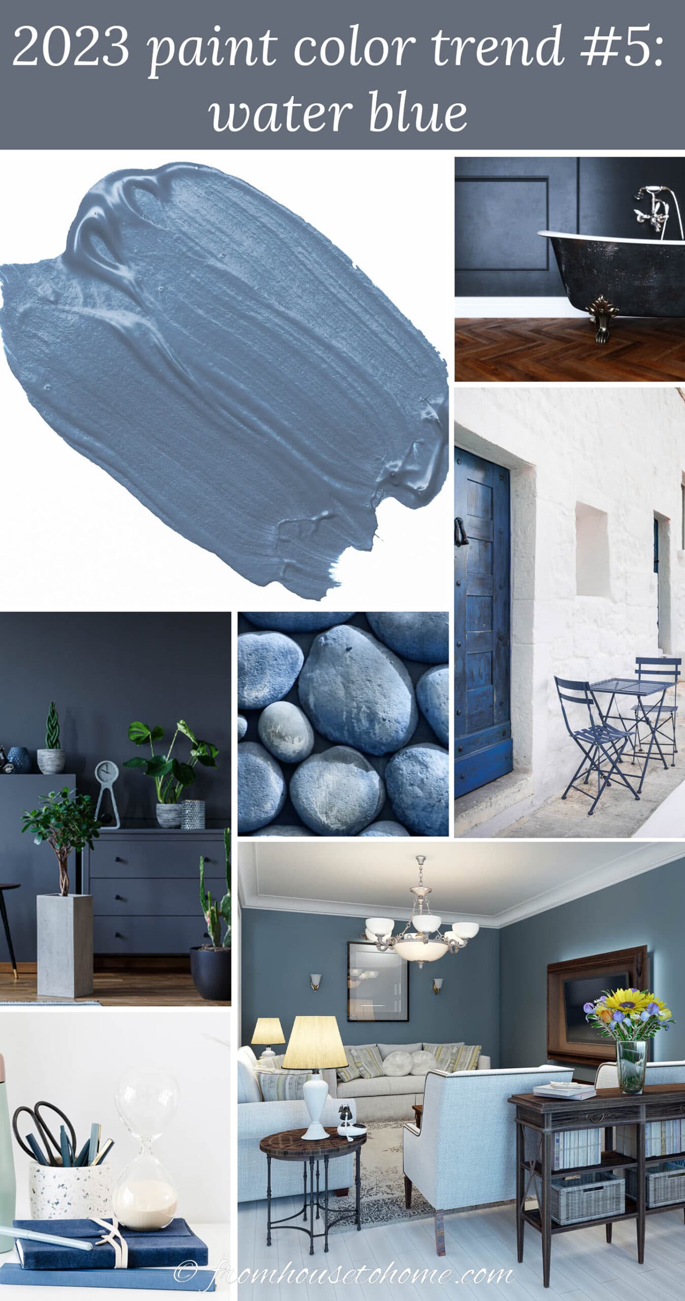 A collage of images using the 2023 paint color trend - water blue