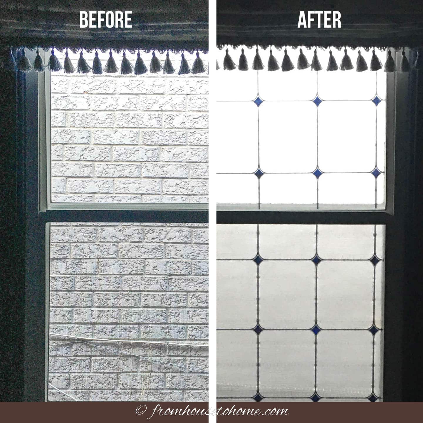 Before and after of a window covered with privacy vinyl