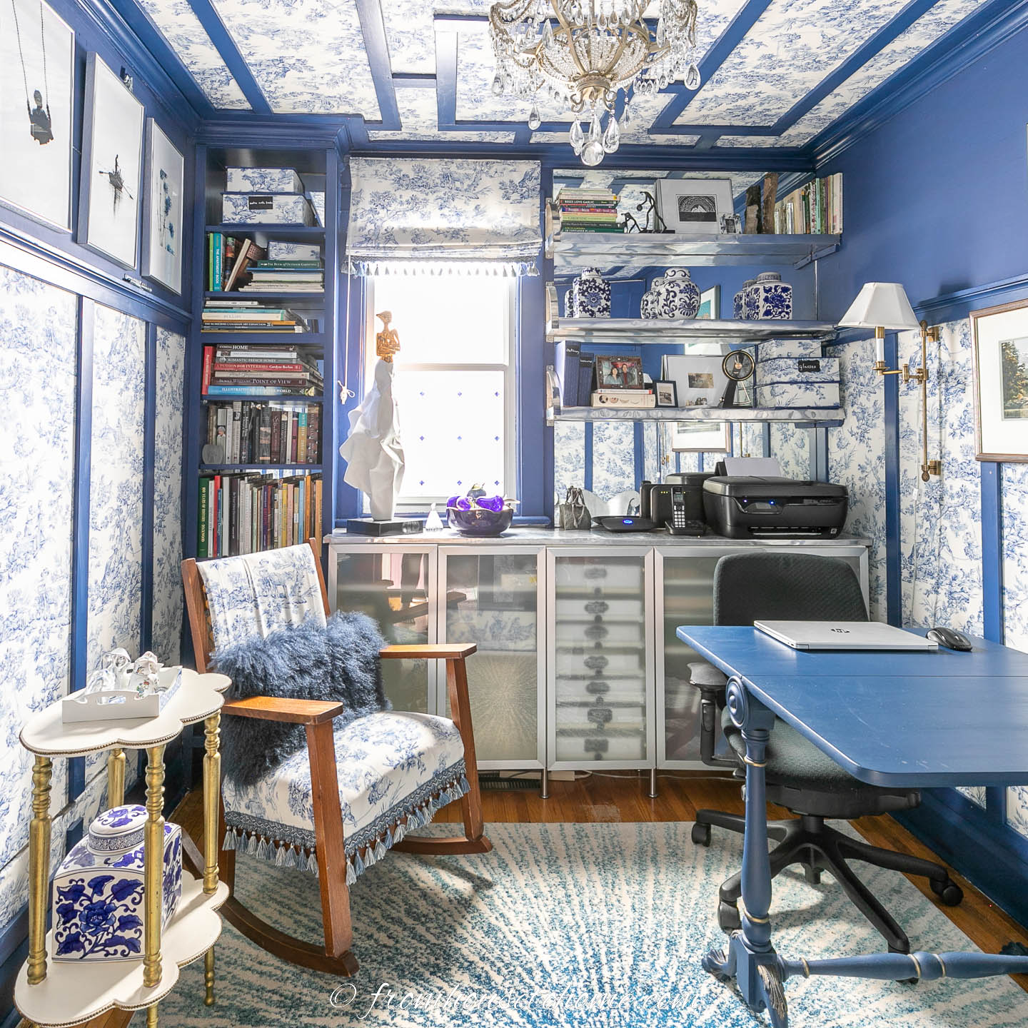 small blue and white toile home office