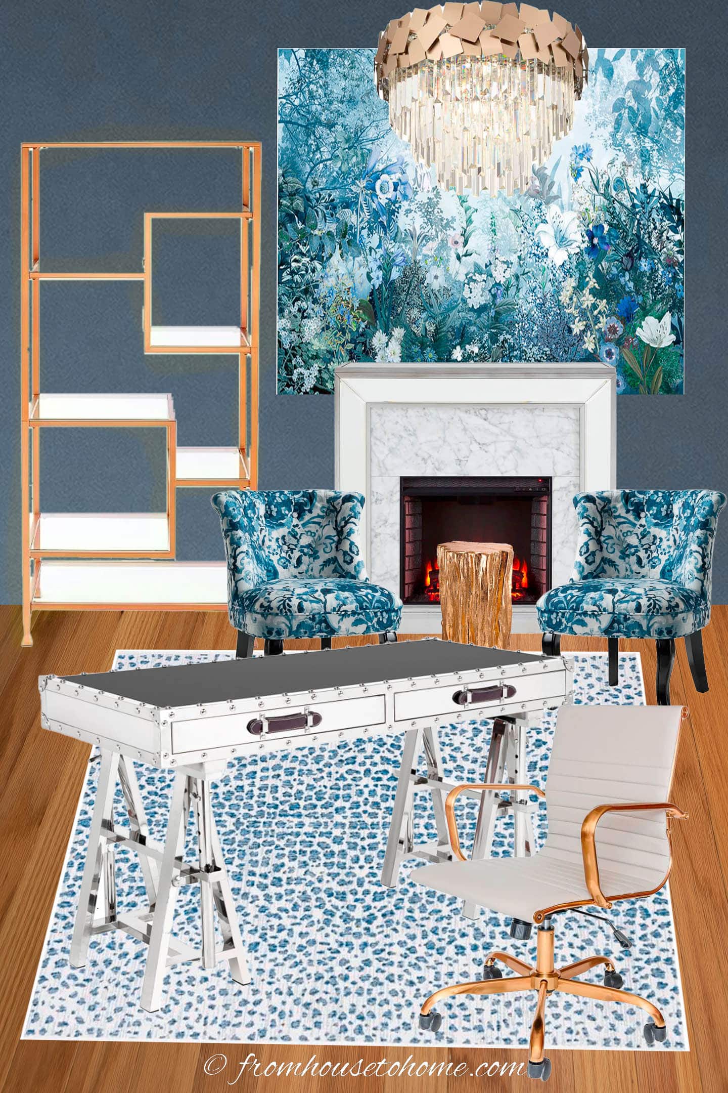 dark blue and white home office mood board