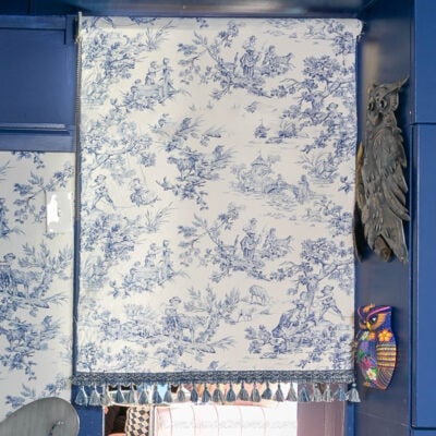 DIY fabric roller shade in blue and white toile