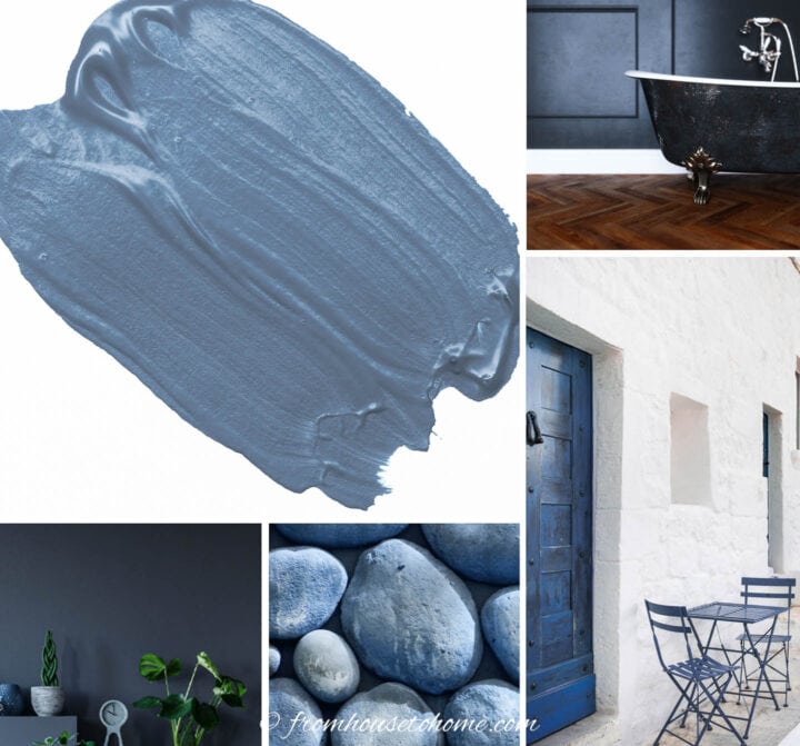 collage of blue items representing 2023 paint color trends