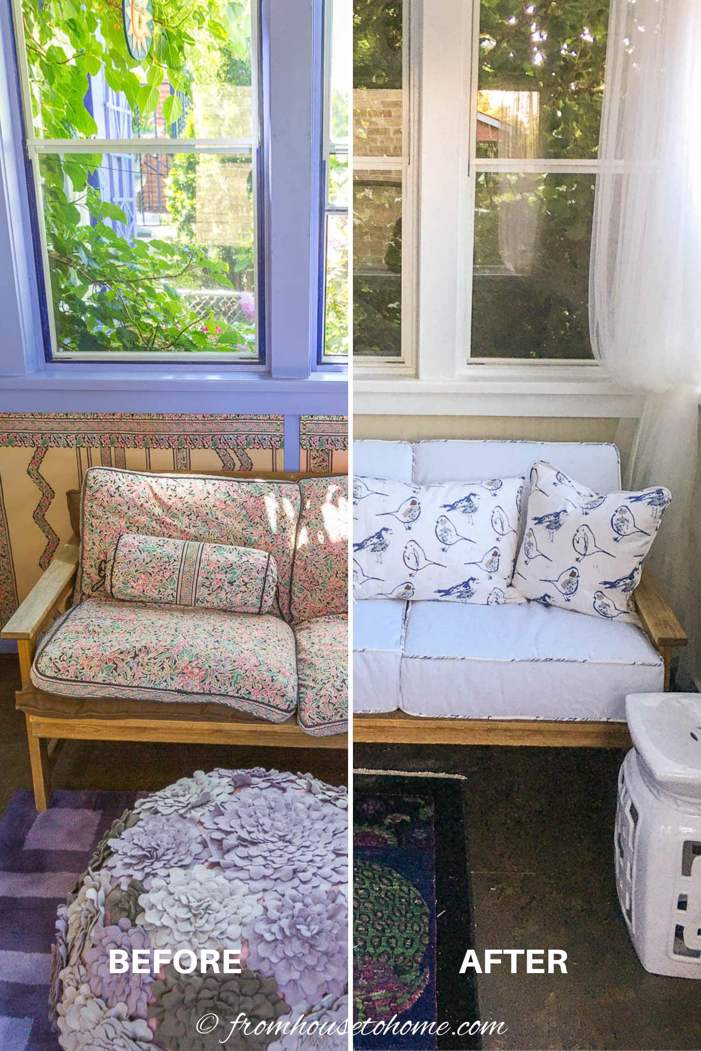 before and after of the blue and white porch makeover