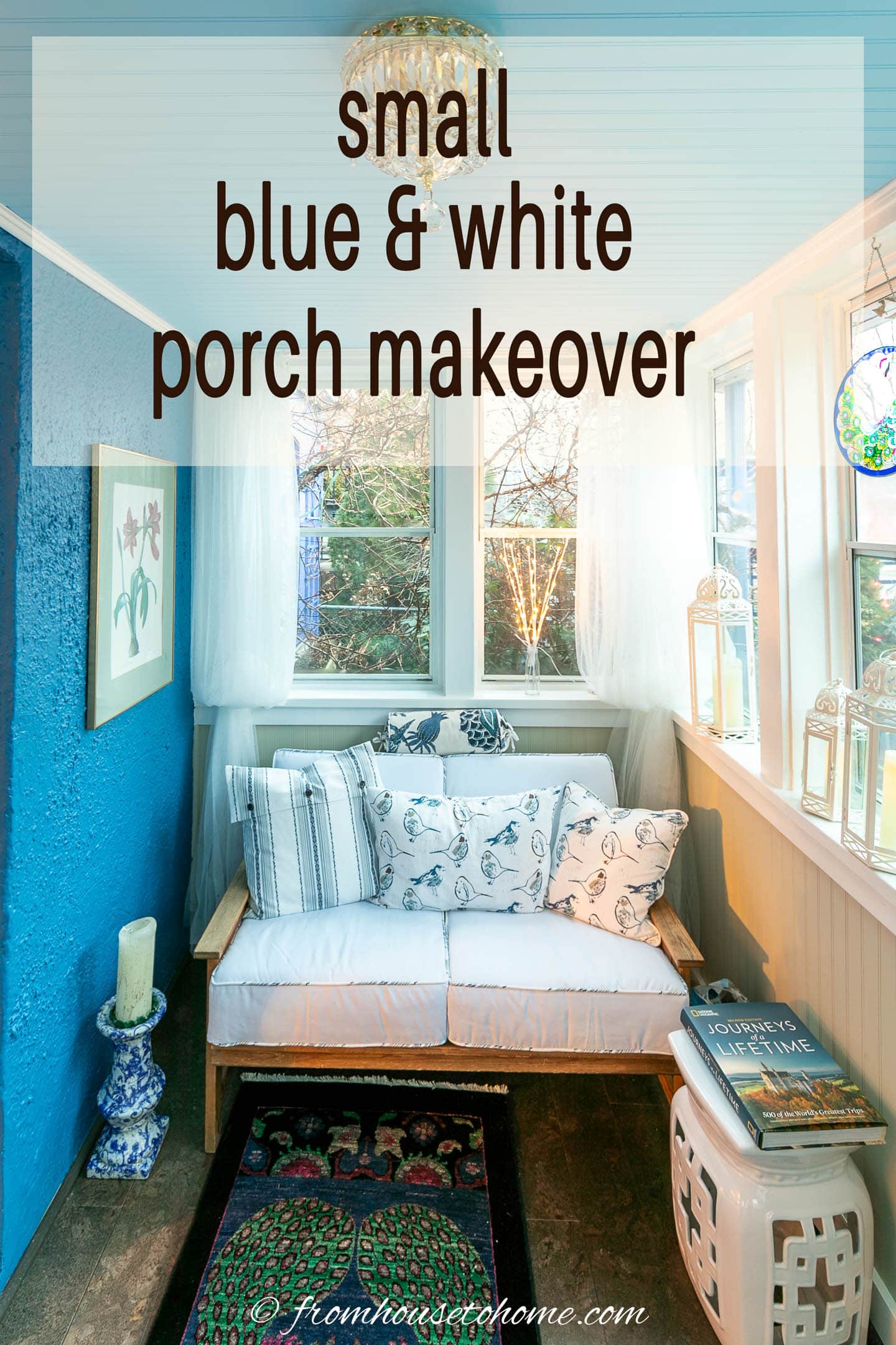 small blue and white front porch makeover