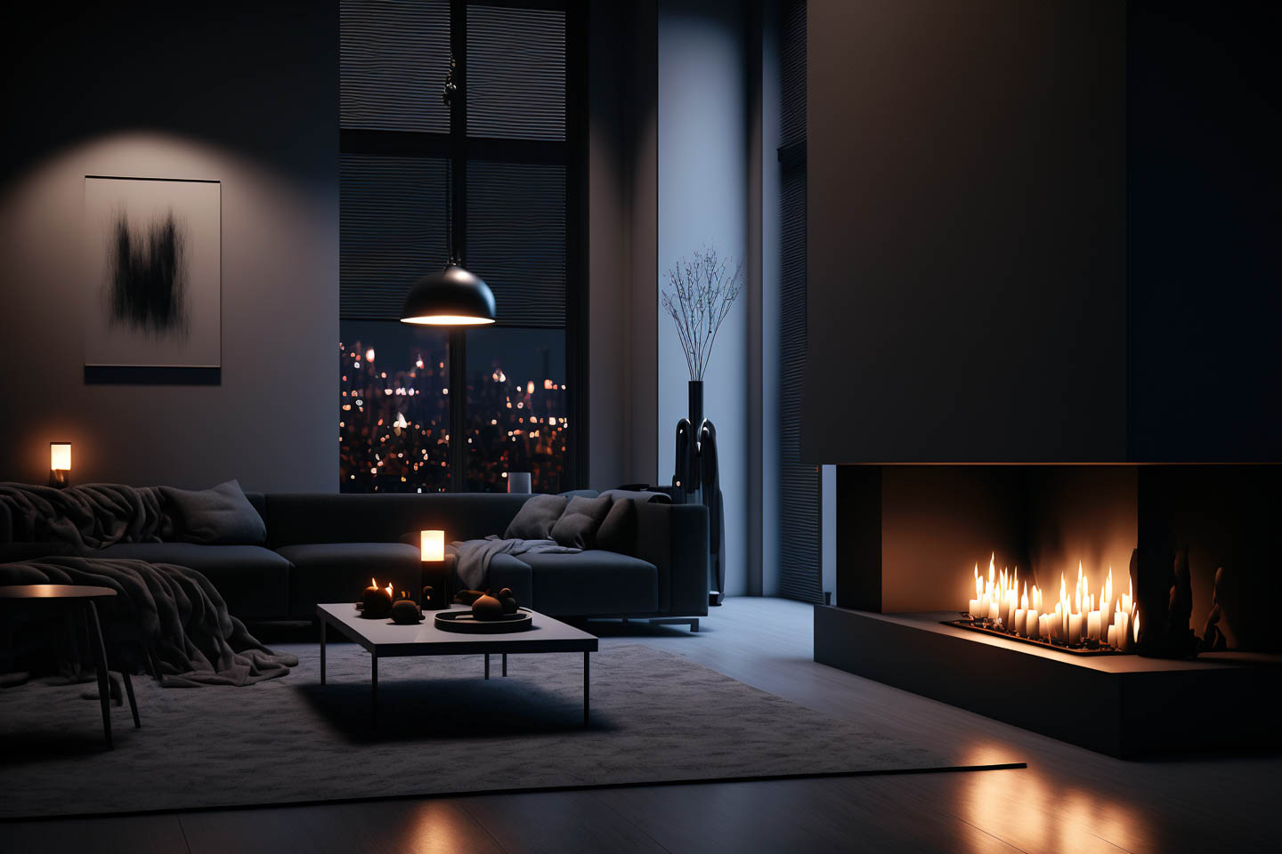 Dark colored living room at nigh with a fireplace and candles