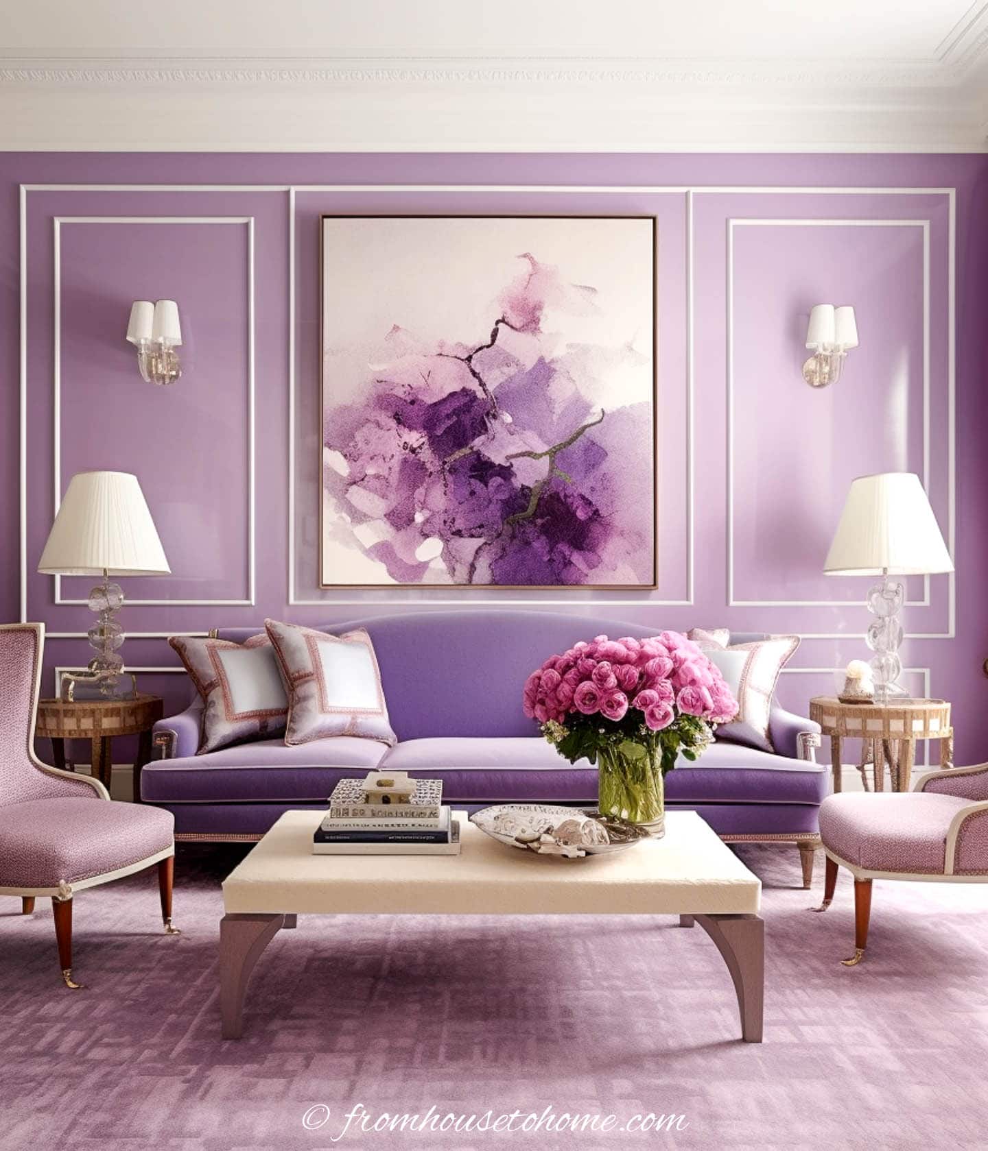 monochromatic living room with purple sofa, walls and area rug