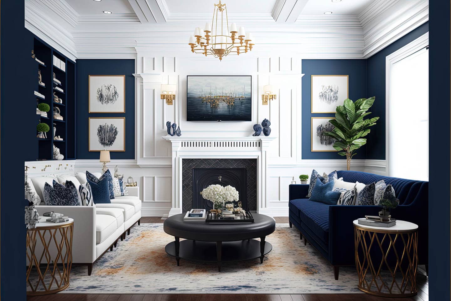A navy blue and white living room with a white sofa, a navy blue sofa and a round black ottoman between them