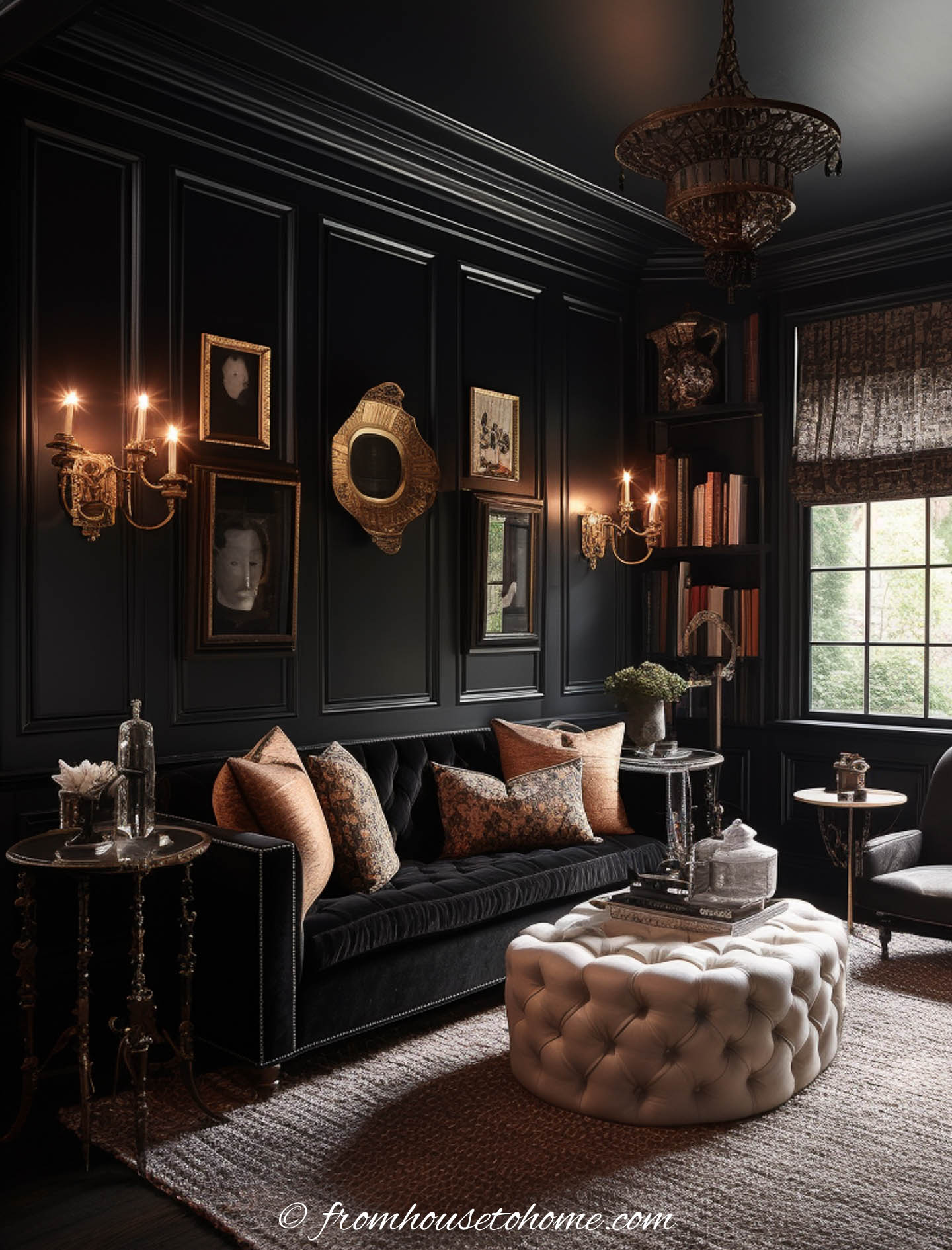A living room with black walls and ceiling, a black sofa an a white ottoman