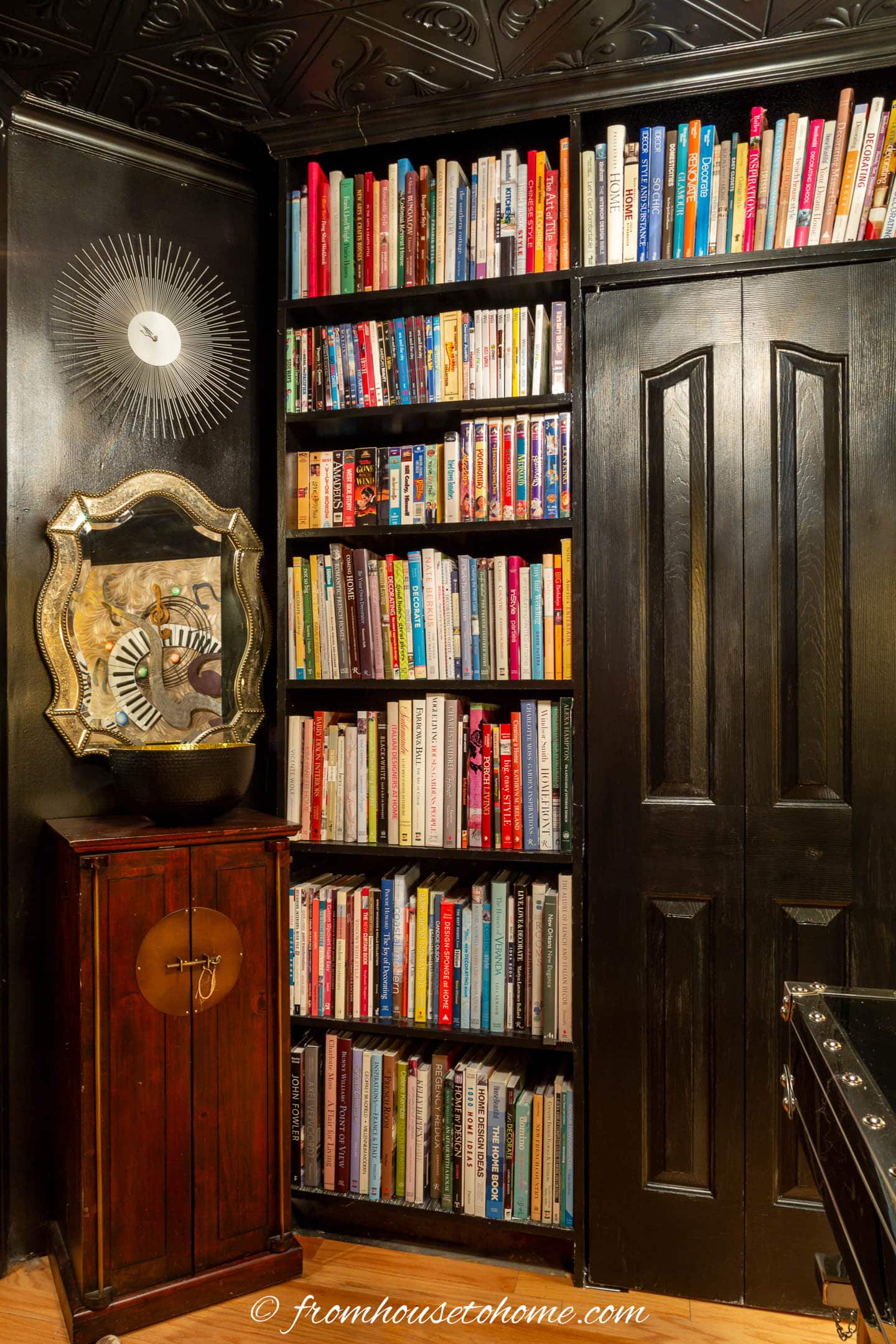 floor to ceiling built-in bookcases in a black home office library