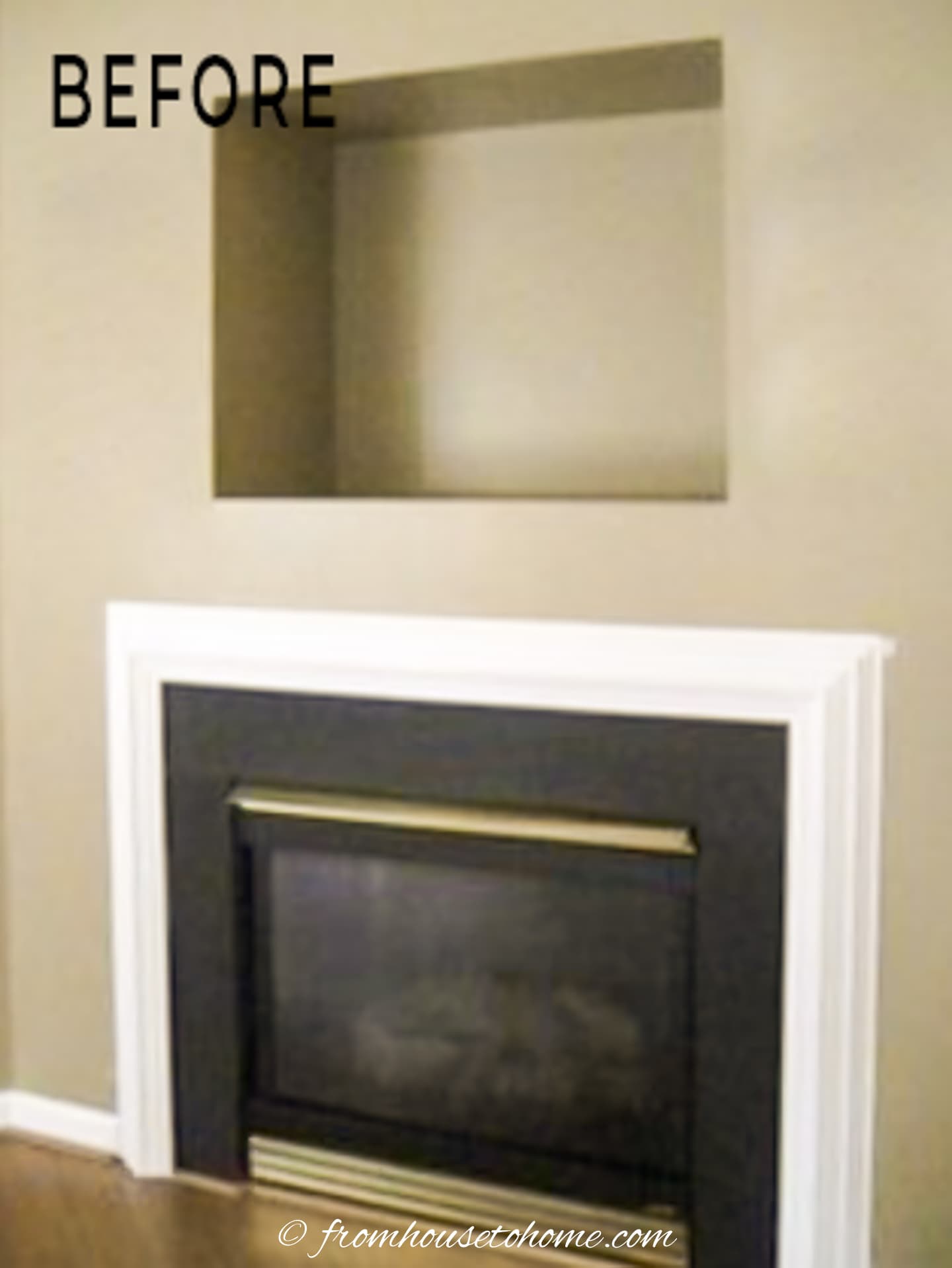 A before and after picture of a fireplace.