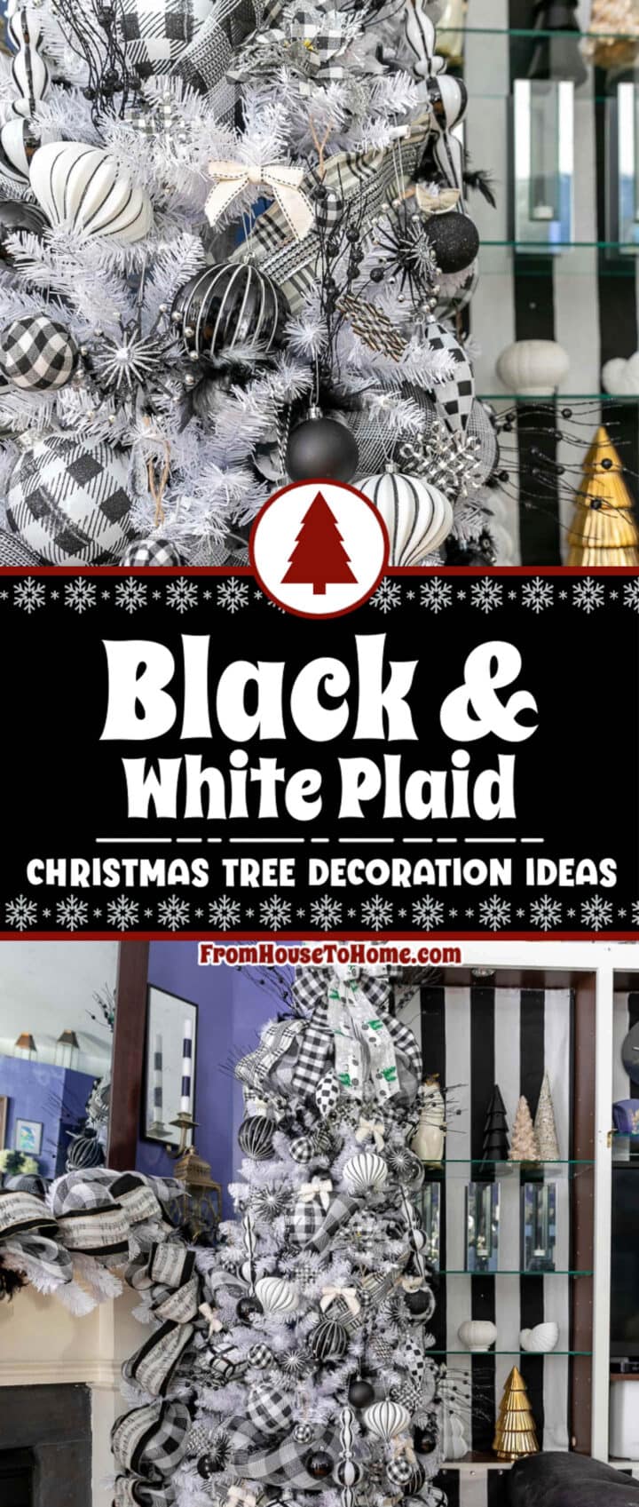 Plaid-inspired Christmas tree decor in classic black and white.