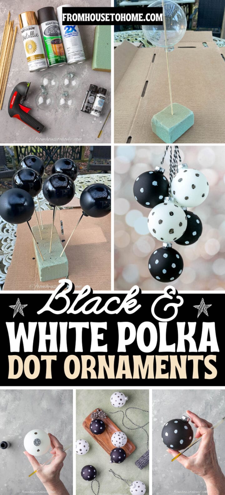 DIY black and white polka dot Christmas ornaments.