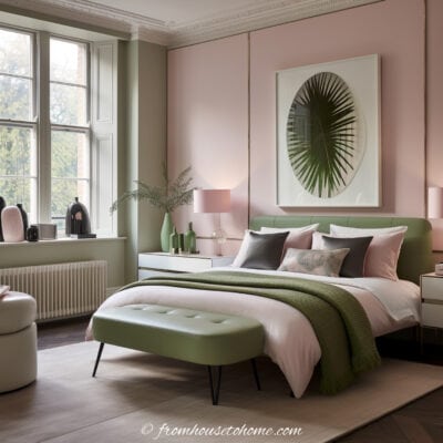 Two Toned Bedroom with pink walls and green accents.