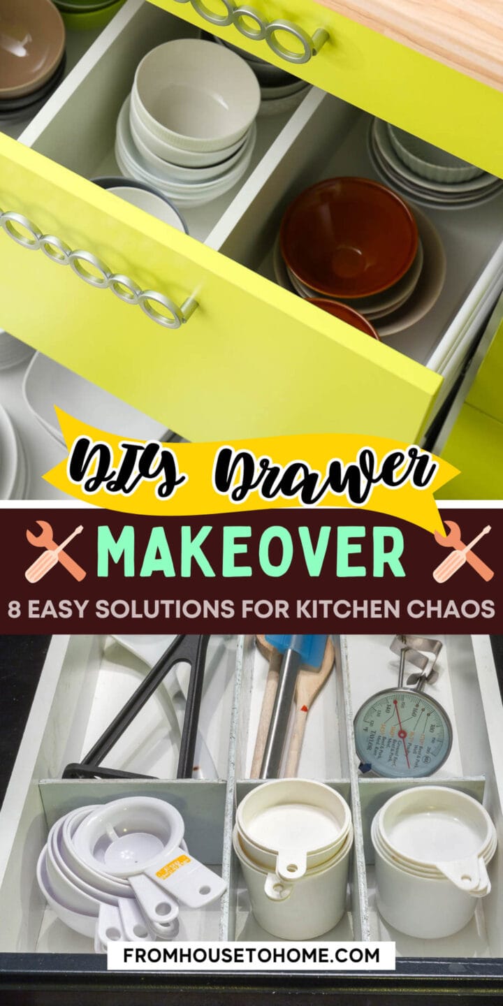 A kitchen drawer filled with a variety of dishes and utensils, organized using clever DIY ideas.