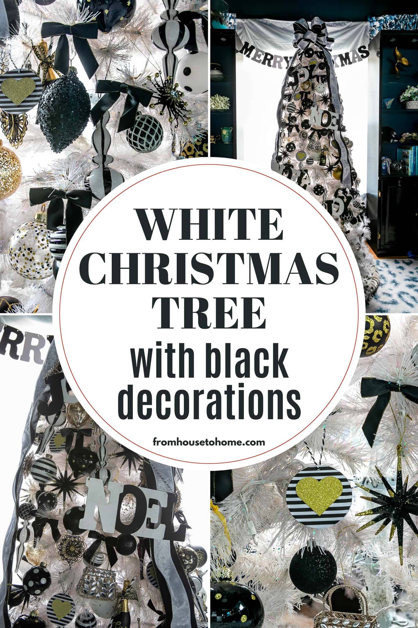 A stunning white Christmas tree decorated with elegant black decorations.