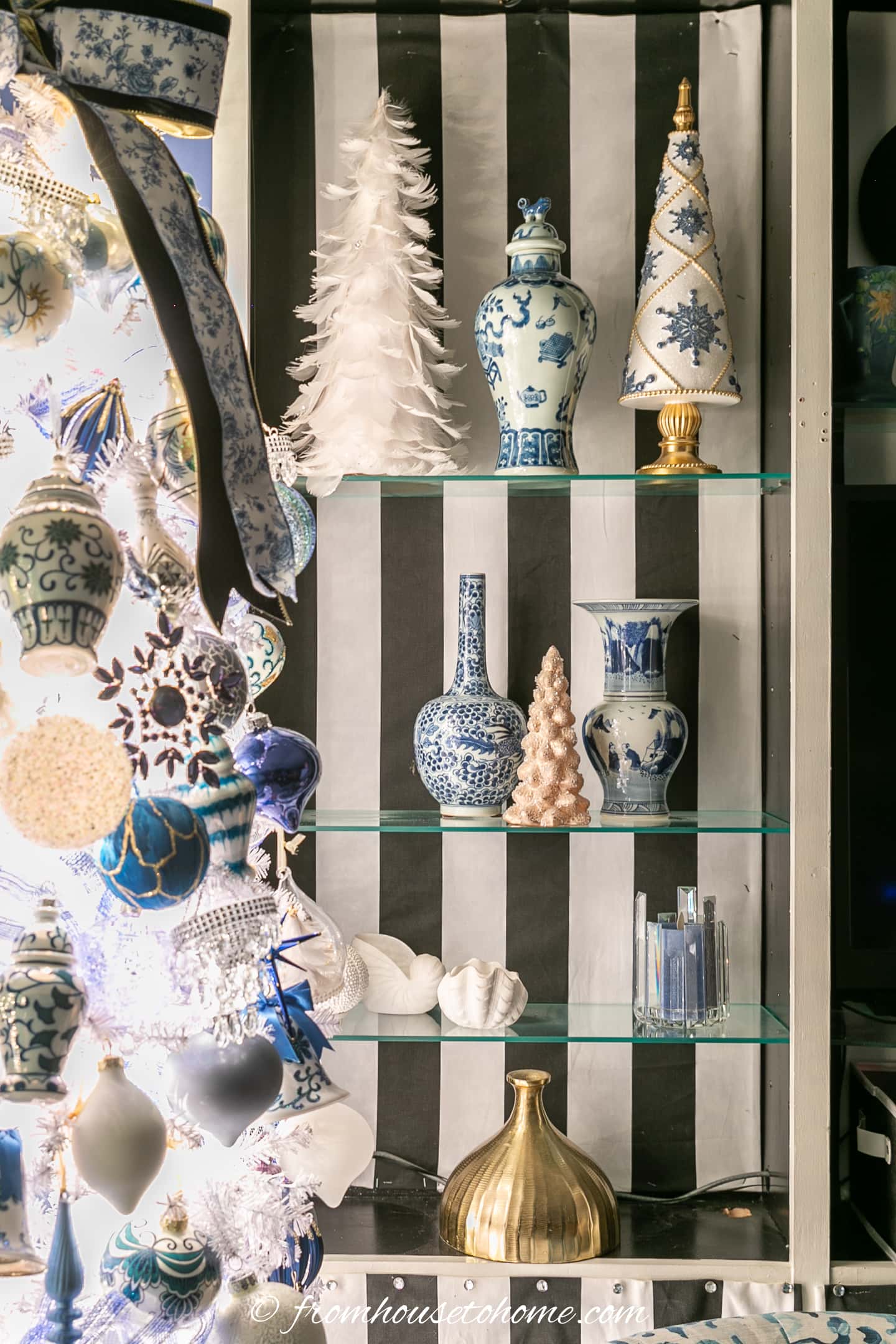 Blue and white chinoiserie Christmas decorations on a shelf