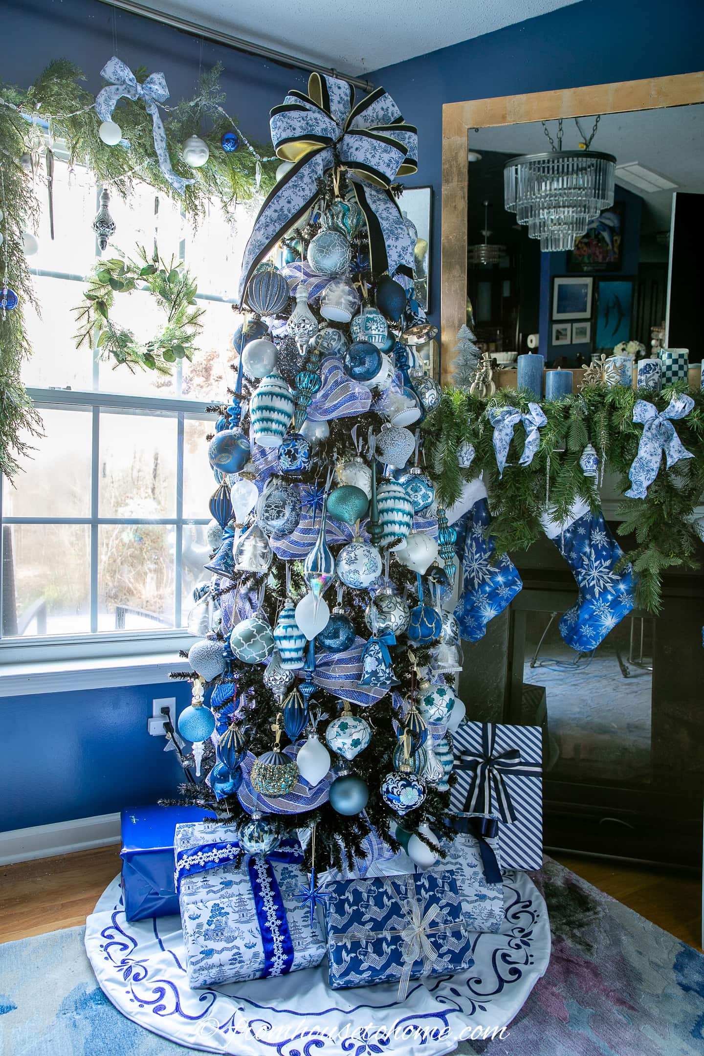 blue and white chinoiserie ornaments on a black Christmas tree