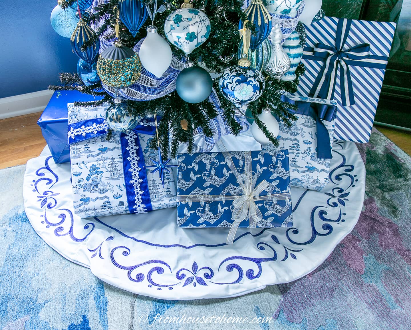 Presents wrapped in blue and white Chinoiserie wrapping paper