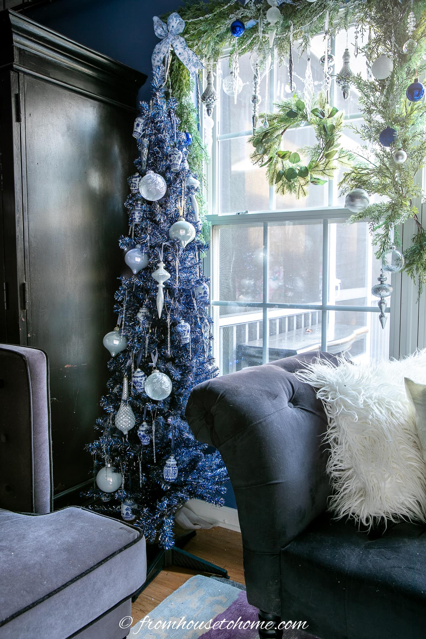 blue and white Chinoiserie ornaments on a blue Christmas tree