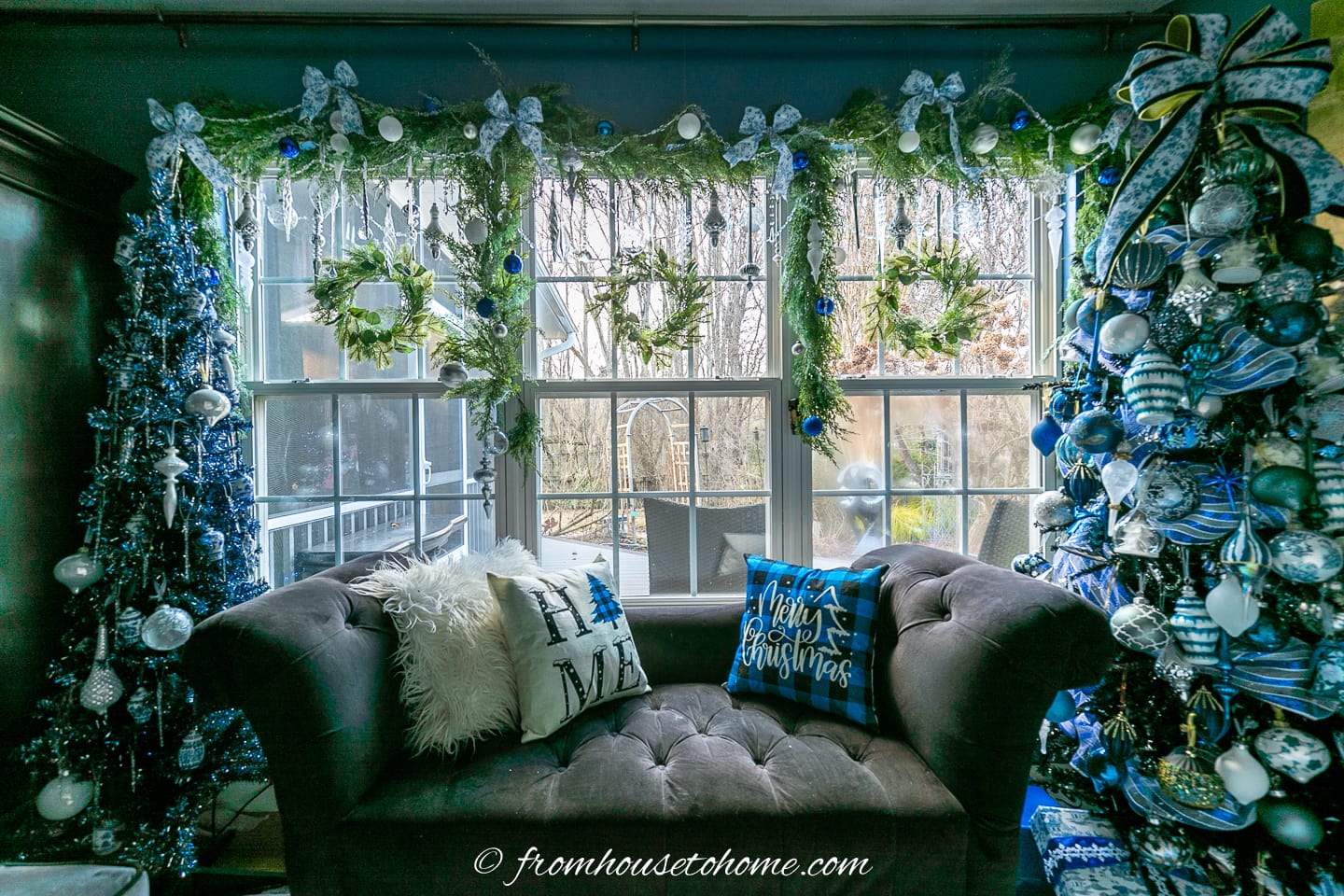 blue and white garland over a window