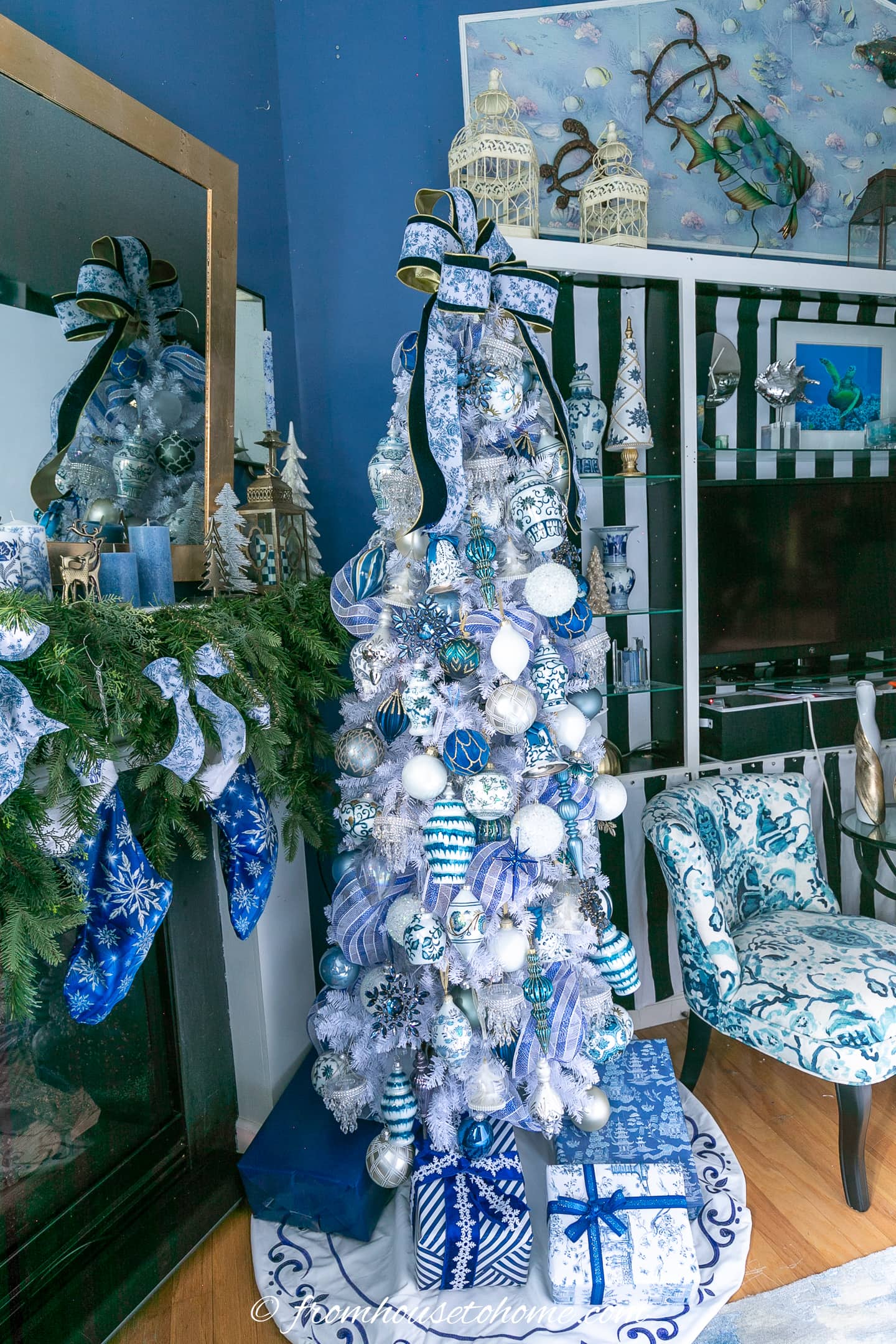 blue and white chinoiserie ornaments on a white Christmas tree