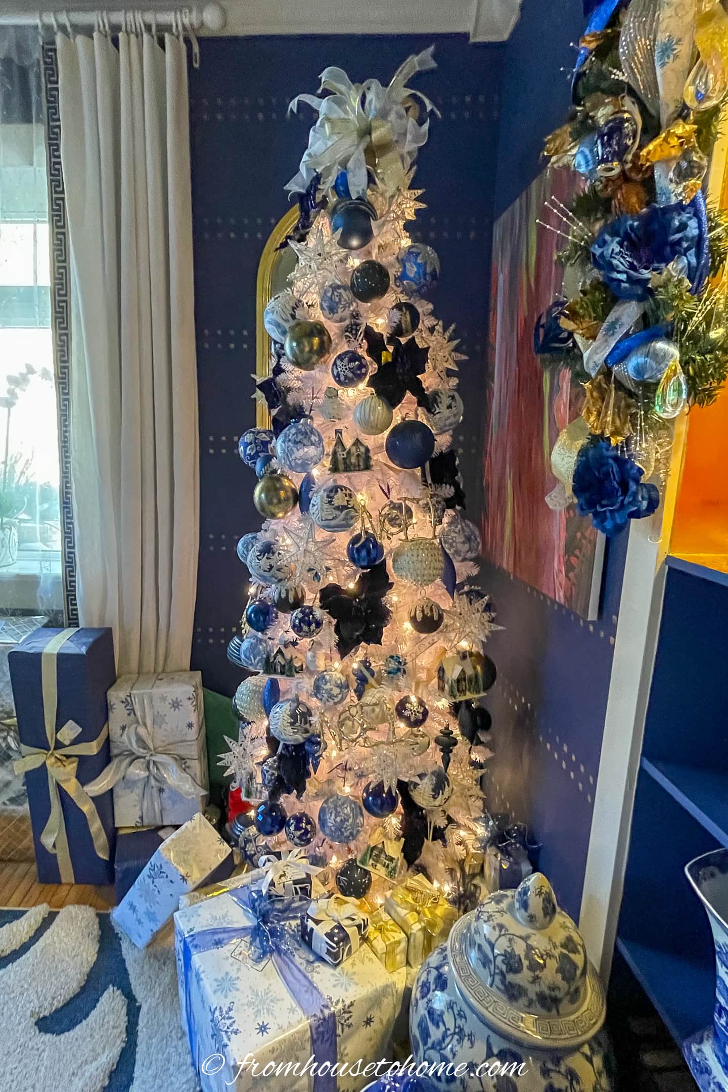 Pencil Christmas tree in the corner of a small living room