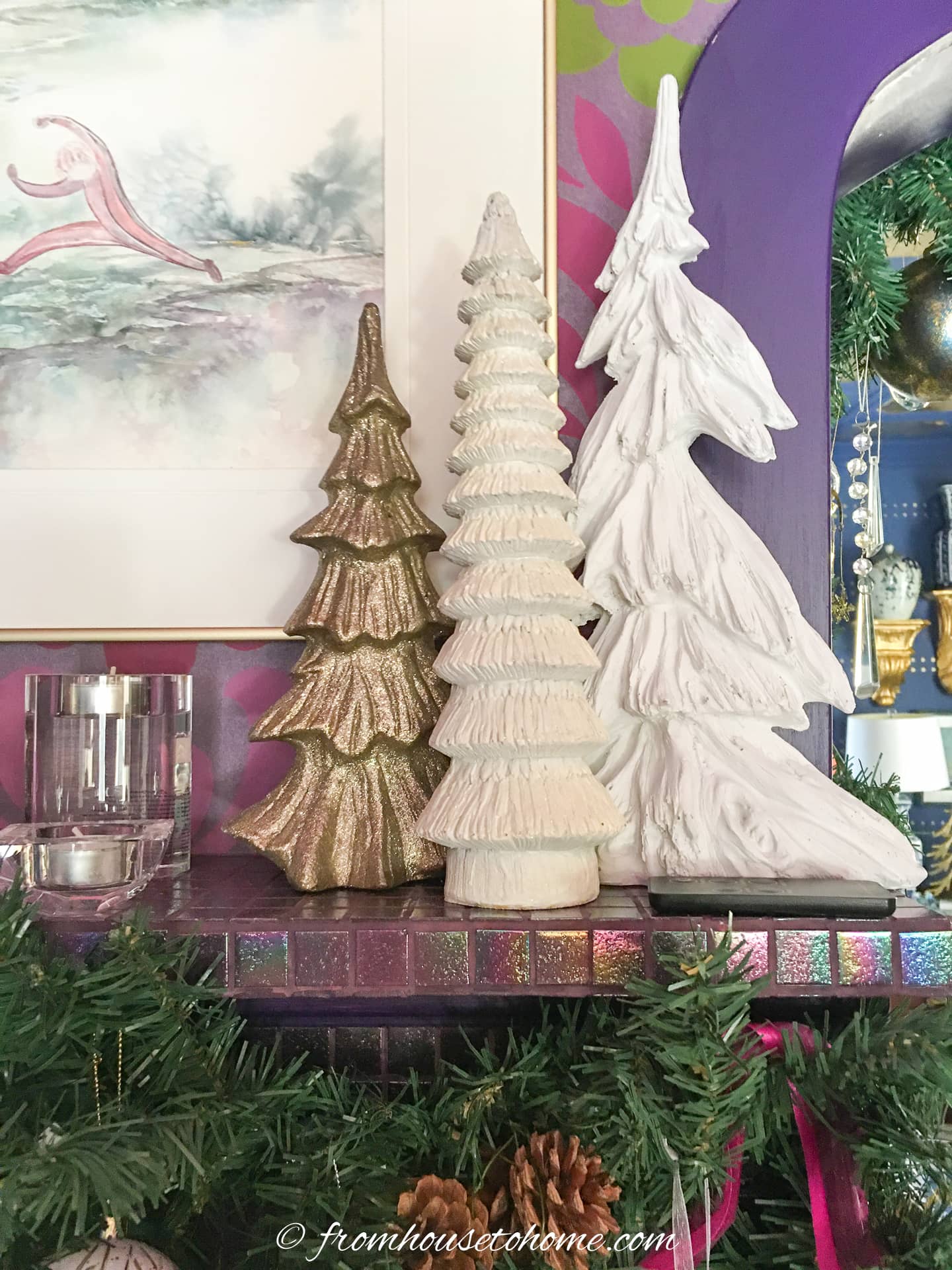 Marble and gold mini trees on a mantle