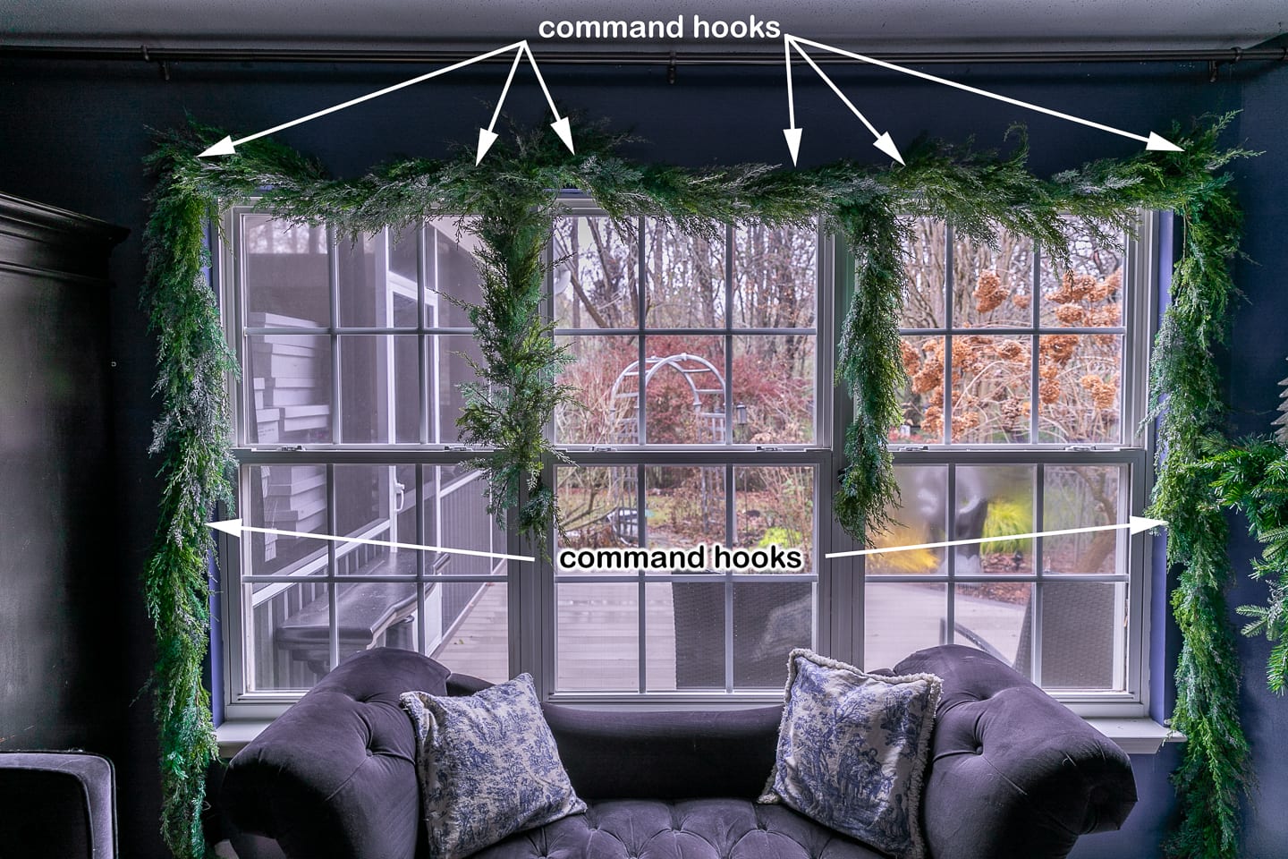 Command hook locations for hanging a garland over a window