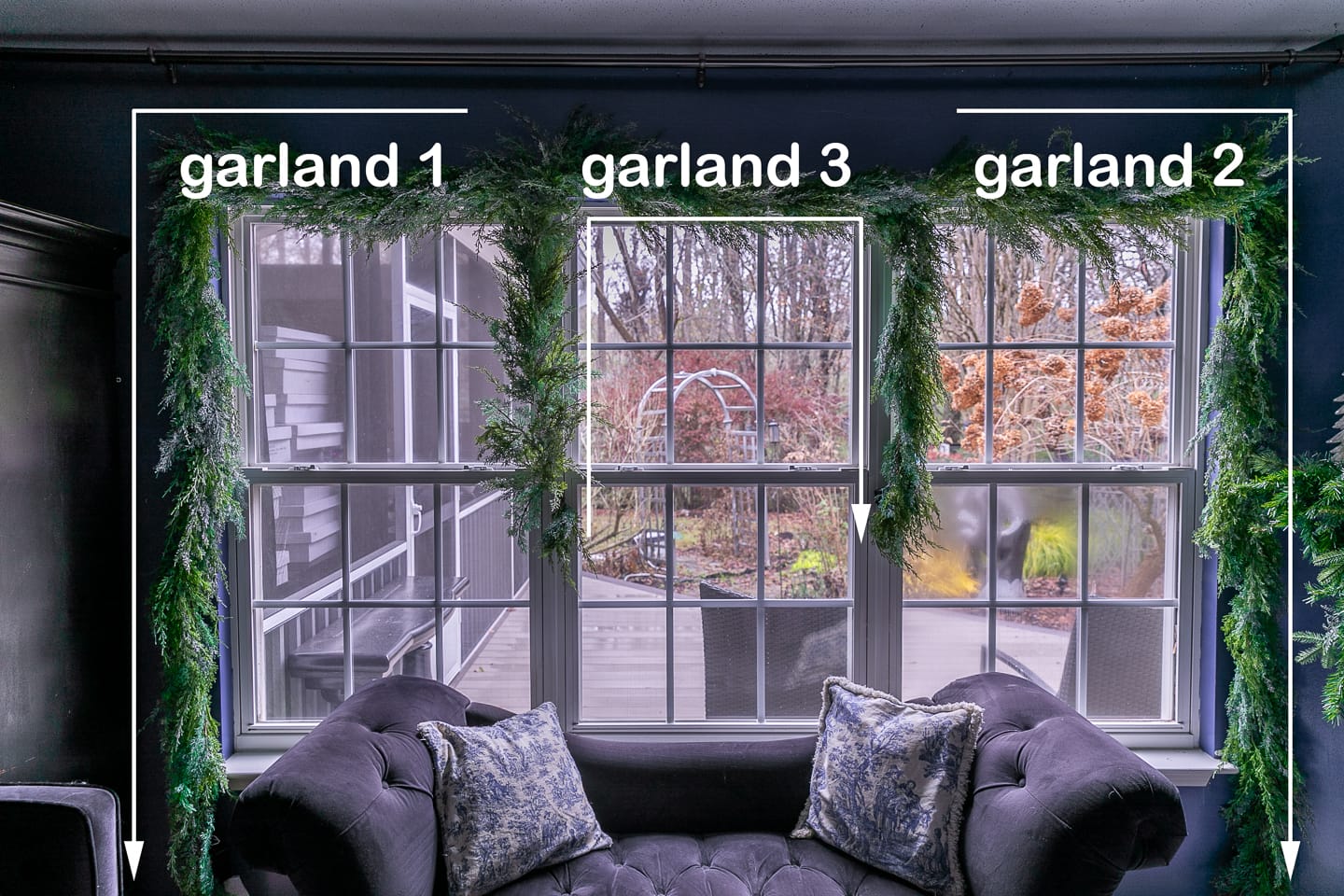 where to hang 3 garlands over a window so they look like one