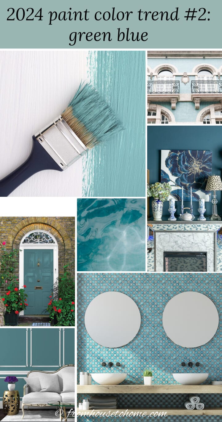 collage of green blue items representing 2024 paint color trends