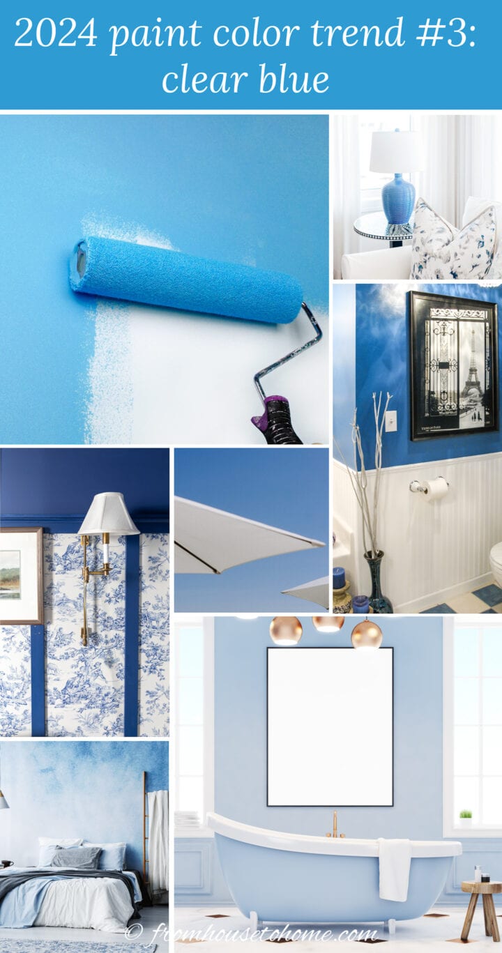 collage of clear blue items representing 2024 paint color trends