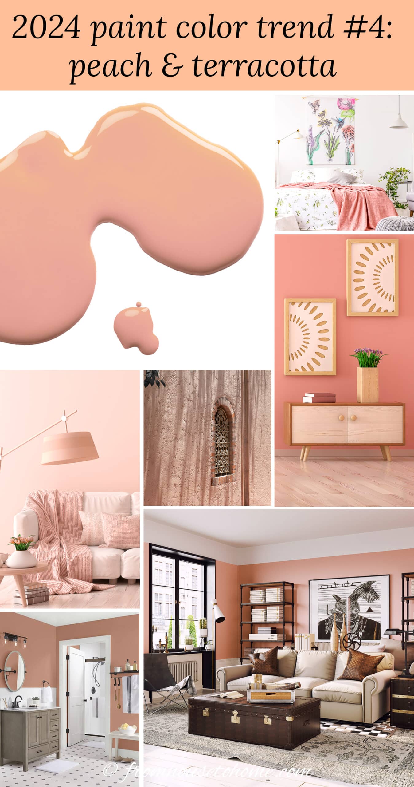 collage of peach and terracotta items representing 2024 paint color trends