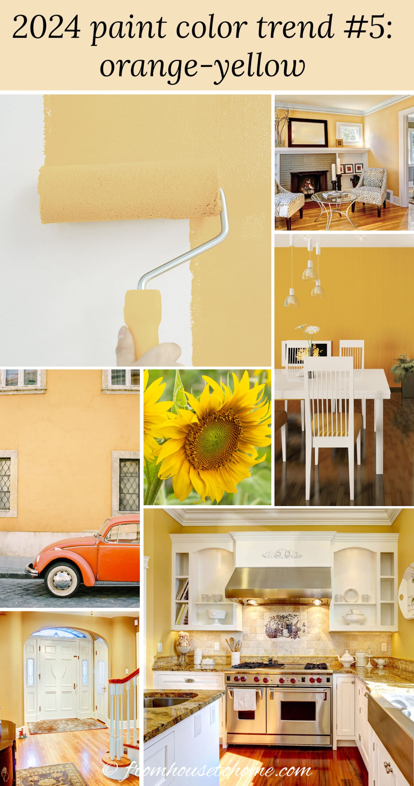 collage of orange-yellow items representing 2024 paint color trends