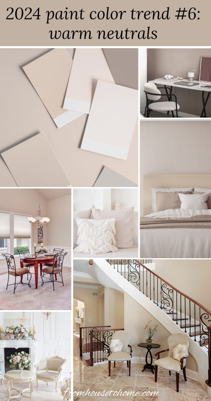 collage of warm neutral items representing 2024 paint color trends