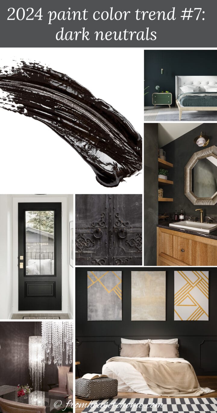 collage of dark neutral items representing 2024 paint color trends