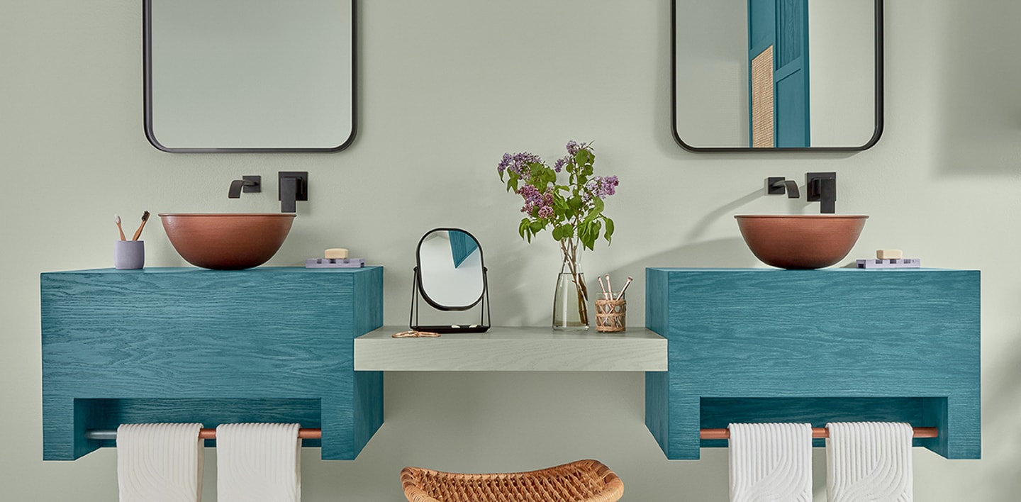 Wood bathroom vanities stained in Minwax Bay Blue