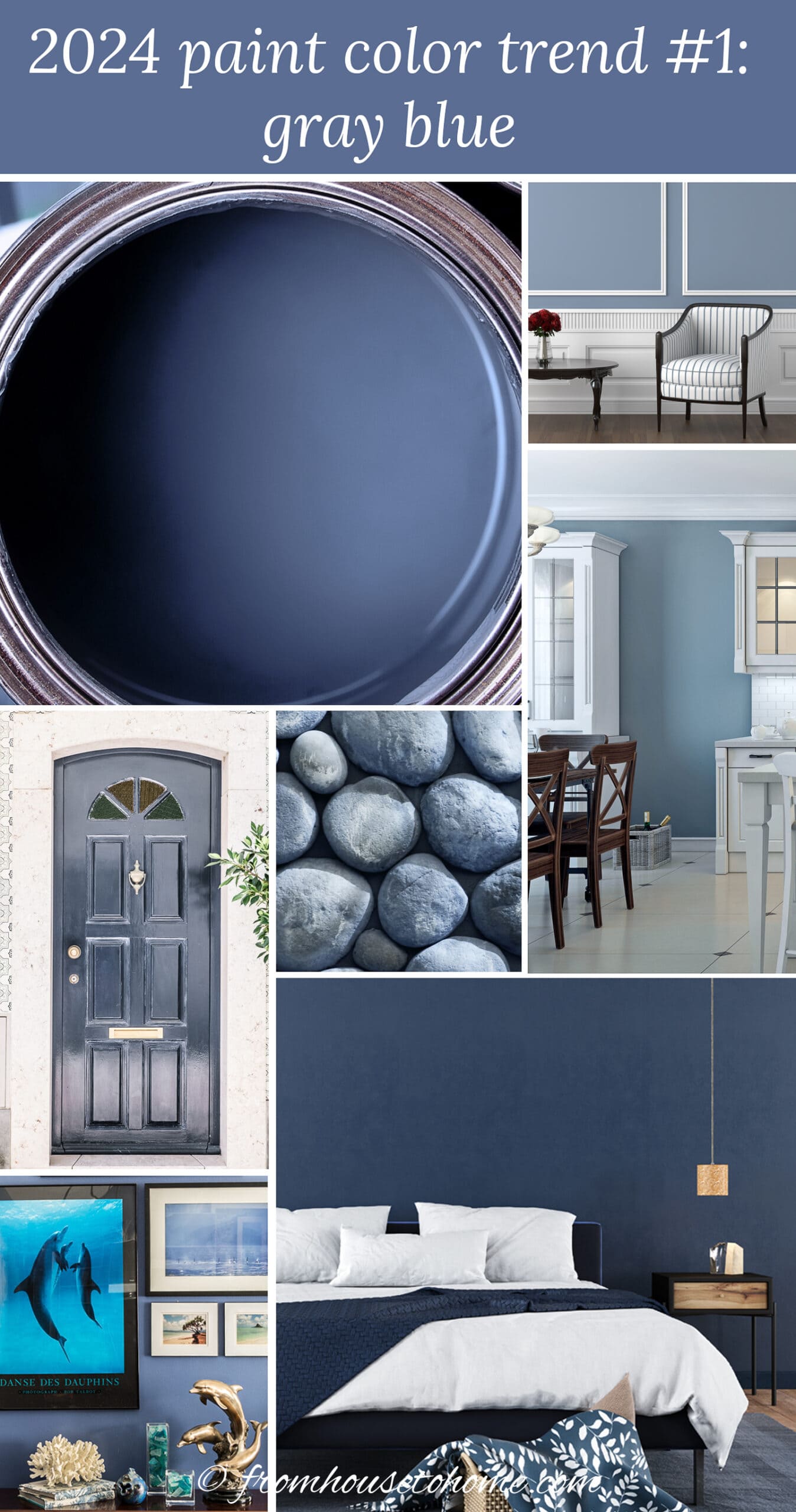 collage of gray blue items representing 2024 paint color trends