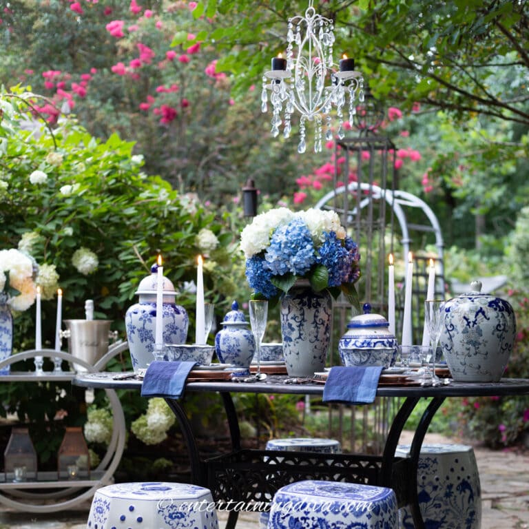 Blue and White Outdoor Dinner Party Table Setting