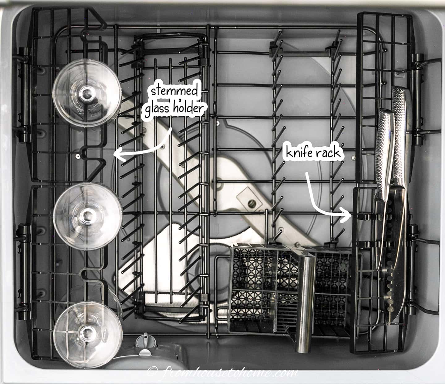 stemmed glass holder and knife rack in drawer of dishwasher