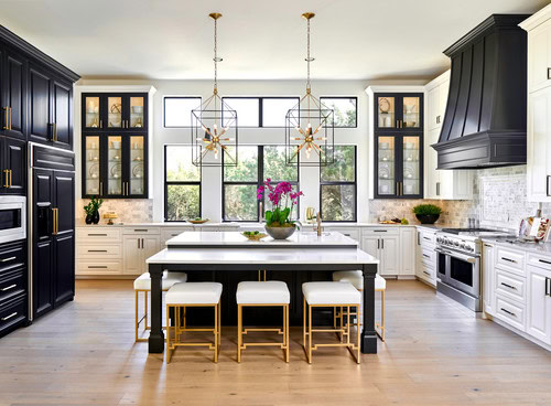 black, white and gold kitchen