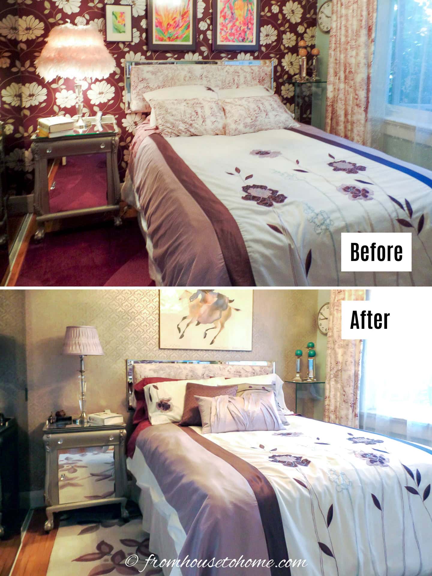 Before and after of a small mauve and burgundy bedroom makeover