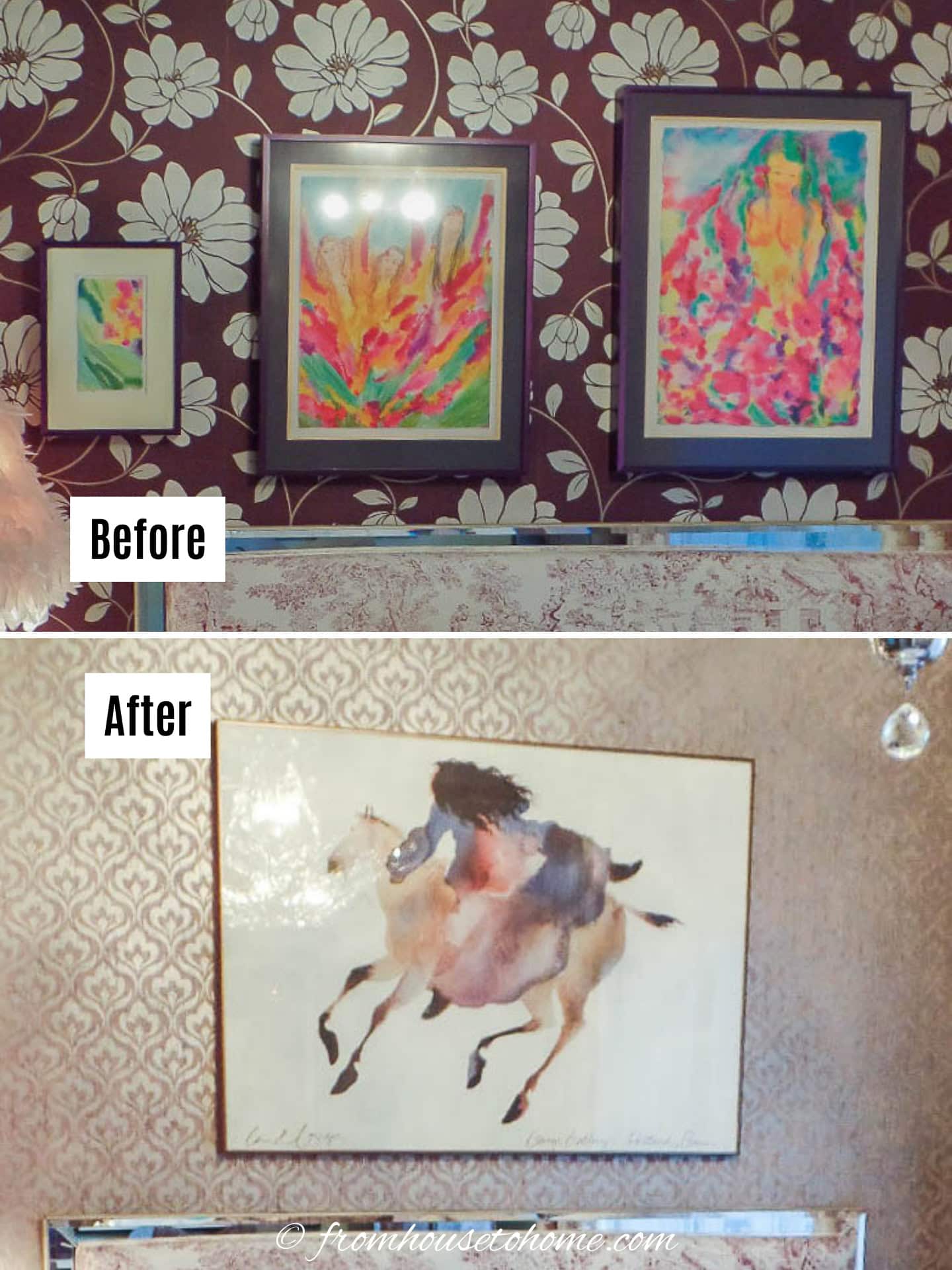 Before and after of the artwork over the bed in a budget bedroom makeover