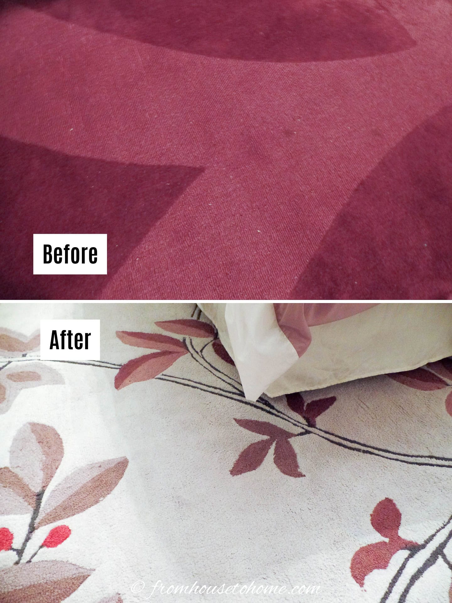 Before and after of the area rug in a budget bedroom makeover