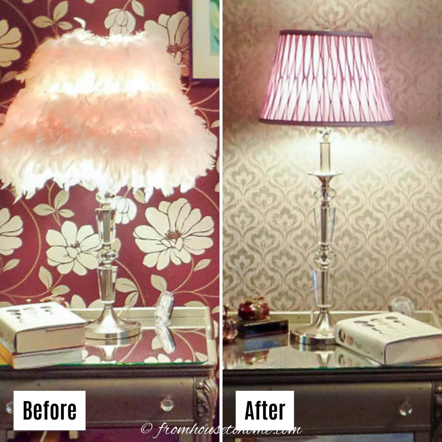 Before and after of the lamp shades in a budget bedroom makeover