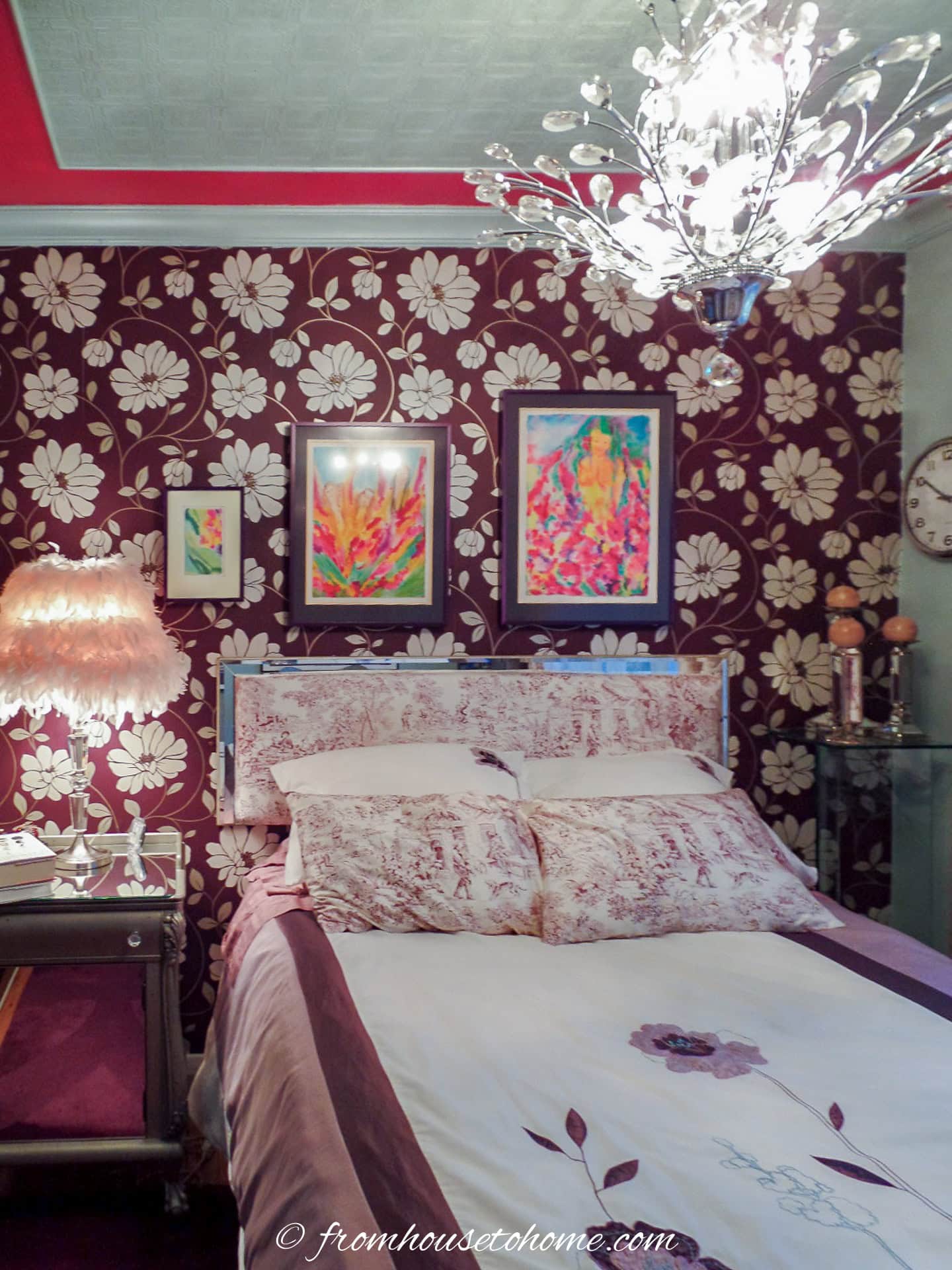 small bedroom decorated in burgundy, mauve and white